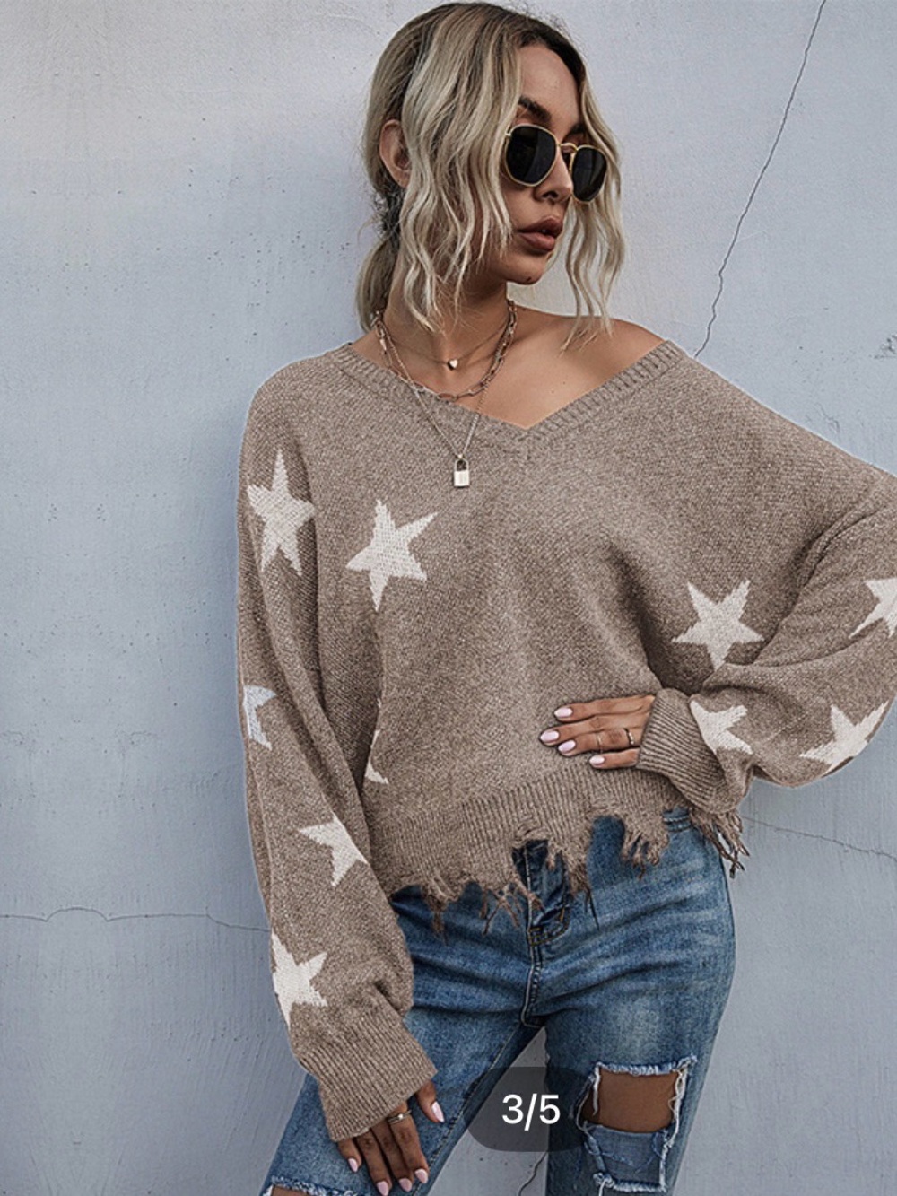 Beige Star-Print V-Neck Sweater frayed hem